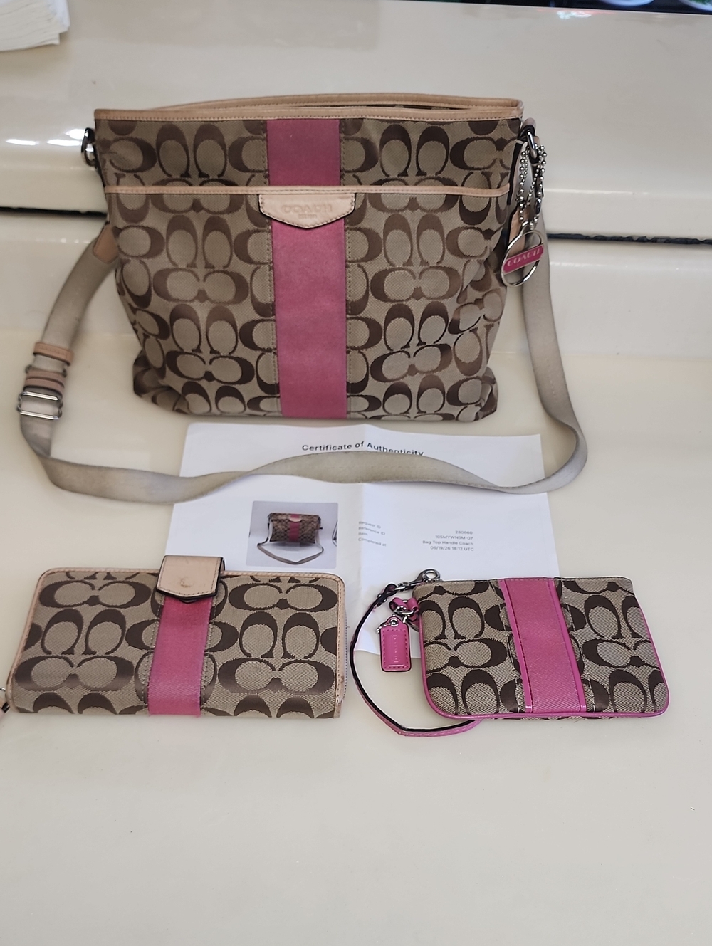 Coach Brown Signature Canvas Shoulder Bag with Pink Stripe and Matching Wallets